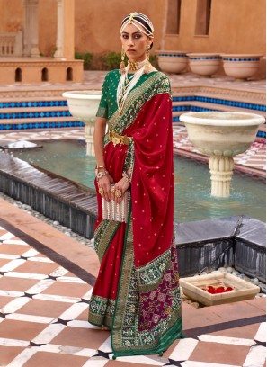 Red And Green Patola Printed Silk Saree