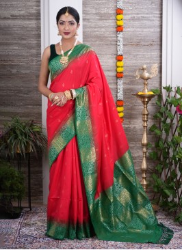 Red And Green Silk Classic Saree