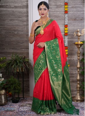 Red And Green Weaving Work Silk Saree