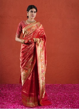 Vibrant Red Bridal Zari Embellished Kanjivaram Saree