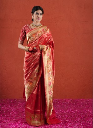 Vibrant Red Bridal Zari Embellished Kanjivaram Saree