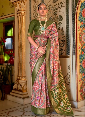 Pastel Red and Olive Designer Silk Saree