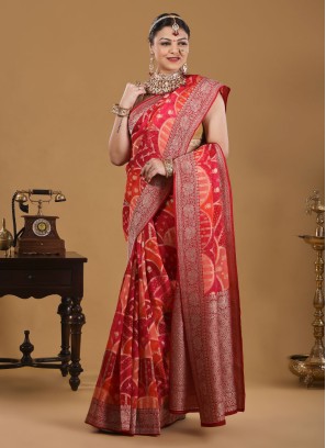 Red Designer Banarasi Chiffon Saree For Wedding