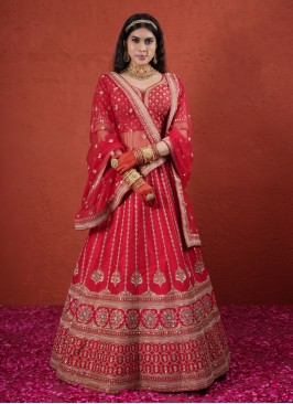 Graceful Red Embroidered Silk Bridal Lehenga Choli