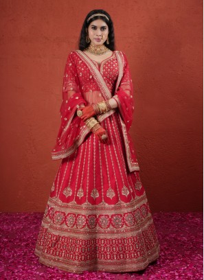 Graceful Red Embroidered Silk Bridal Lehenga Choli