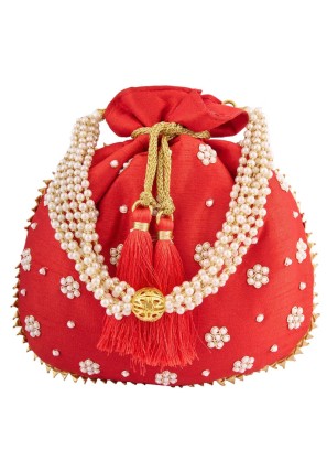 Red Embroidered Art Silk Potli Bag For Wedding