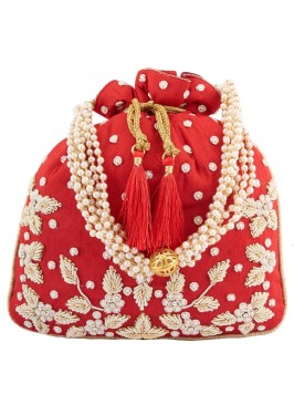 Red Embroidered Art Silk Potli With Designer Motifs