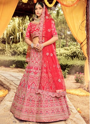 Red Embroidered Raw Silk Lehenga Choli