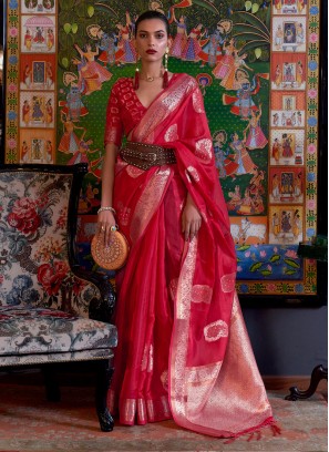 Traditional Deep Red Organza Bridal Saree