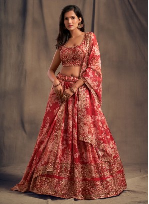 Red Flower Print Organza Lehenga Choli