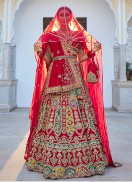 Red Heavy Embroidered Bridal Silk Lehenga Choli