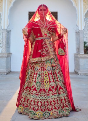 Bridal Red Multi Heavy Embroidered Velvet Bridal Lehenga – Maharani