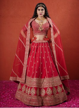 Royal Red Embroidered Designer Silk Bridal Lehenga