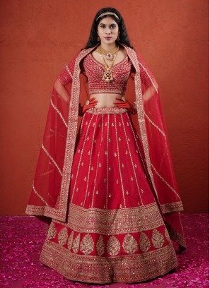 Royal Red Embroidered Designer Silk Bridal Lehenga Choli