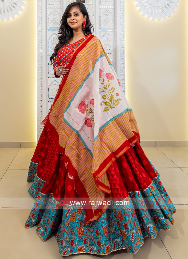 Red Printed Cotton Navratri Chaniya Choli - LC5681