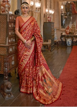 Red Printed Wedding Wear Patola Silk Saree