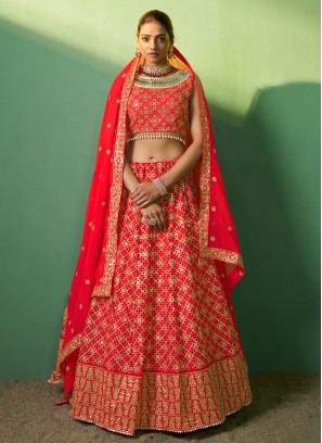 Red Georgette Embroidered Lehenga Choli