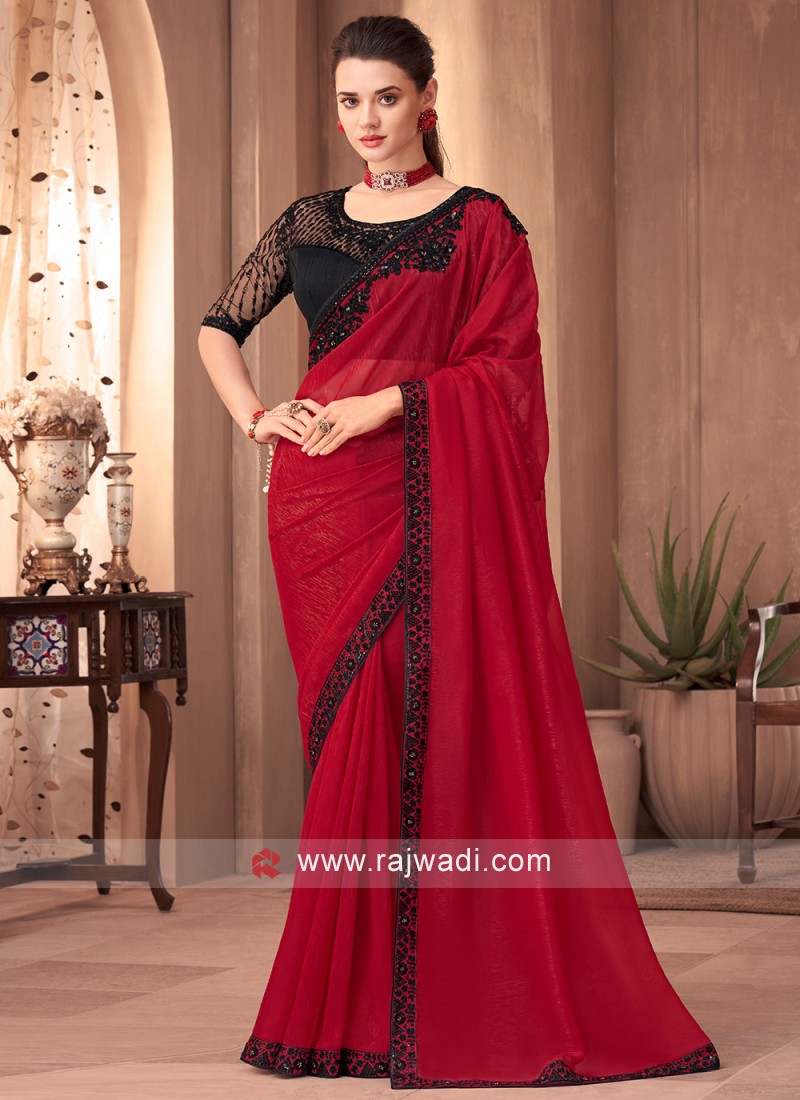 Borderless lipstick red plain kamala silk saree, contrast digital printed  blouse with intricate design