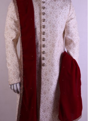 Red Velvet Dupatta With Less For Sherwani