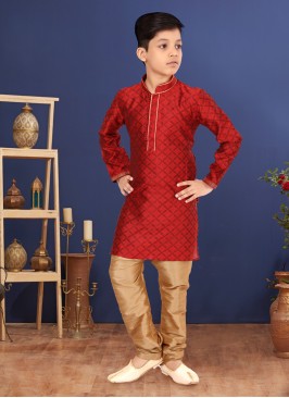 Red Weaving Readymade Kurta Pajama