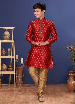 Red Woven Embroidered Readymade Kurta Pajama