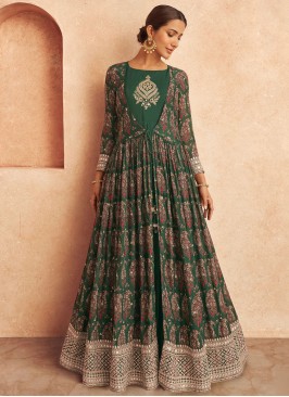 Gorgeous Green Embroidered Gown with Printed Jacket
