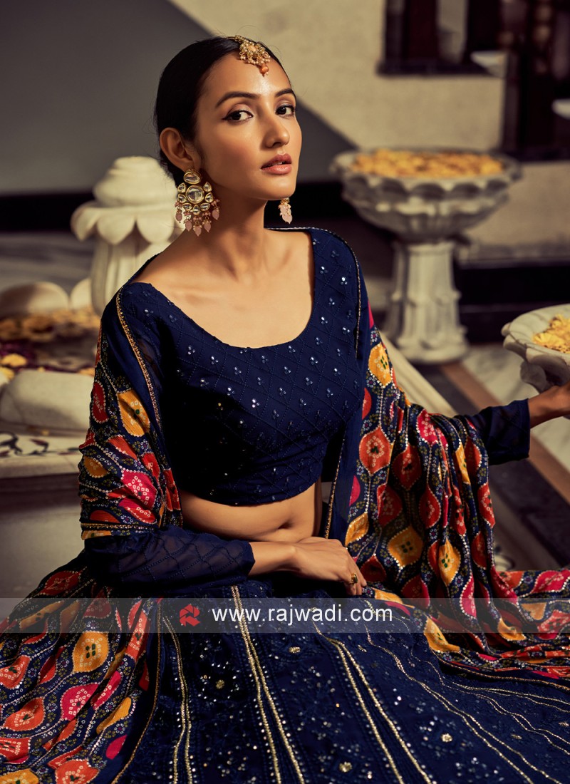 Navy Blue Thread Embroidered Art Silk Semi Stitched Bridal L