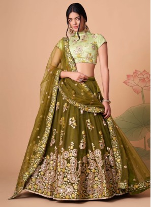 Olive Green Designer Embroidered A Line Lehenga Choli