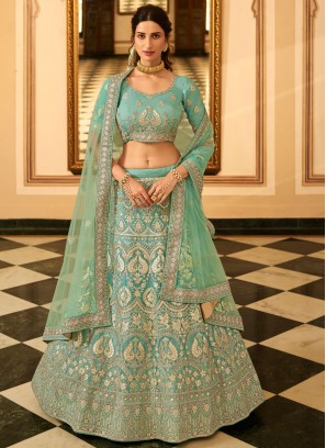 Resham Organza Lehenga Choli in Turquoise