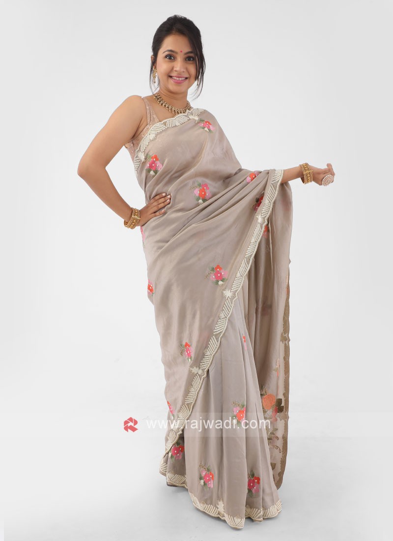 Buy Onion Pink Crepe Silk Resham Work Saree | Appelle Fashion