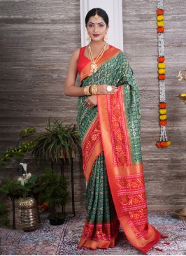 Resham Work Green And Red Silk Fabric Saree