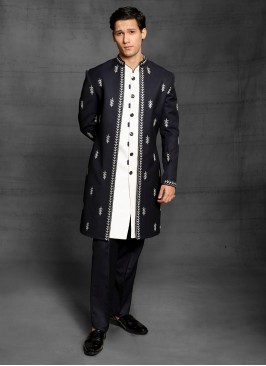 Imported Silk Indowestern In Navy Blue Color