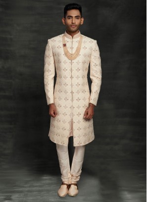 Resham Work Sherwani In Light Peach Color