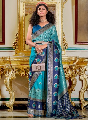 Designer Two Toned Blue Banarasi Silk Saree