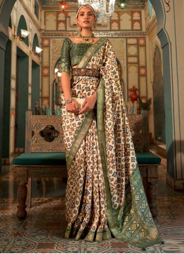 Cream and Green Classic Patola Silk Saree