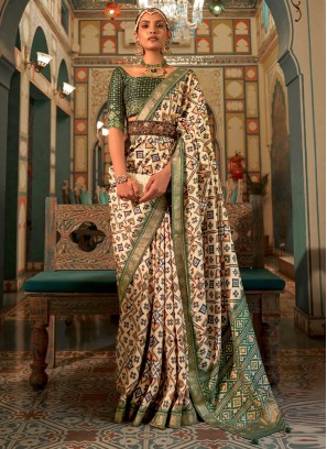 Cream and Green Classic Patola Silk Saree