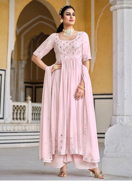 Light Pink Mirror & Sequins Embellished Georgette Palazzo Suit