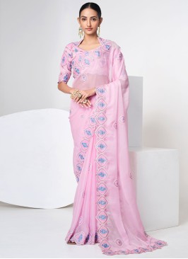 Baby Pink Designer Organza Sequins Embroidered Saree