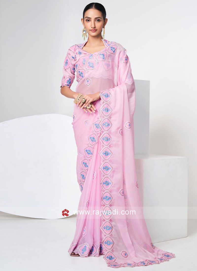 Soft Net Embroidered Saree in Baby Pink | Designer sarees online, Saree  designs, Saree