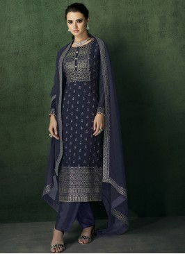 Royal Faux Georgette Embroidered Navy Blue Designer Straight Suit