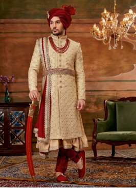 Royal Look Designer Gold And Maroon Sherwani