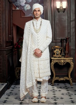 Royal Look Sherwani In Off White Color