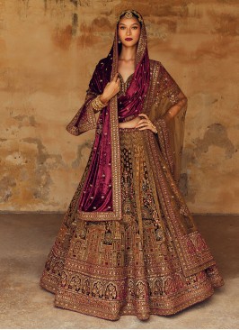 Royal Maroon & Gold Heavy Embroidered Velvet Bridal Lehenga Choli