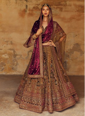 Royal Maroon & Gold Heavy Embroidered Velvet Bridal Lehenga Choli