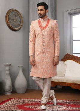 Dark Peach Wedding Wear Art Banarasi Silk Sherwani