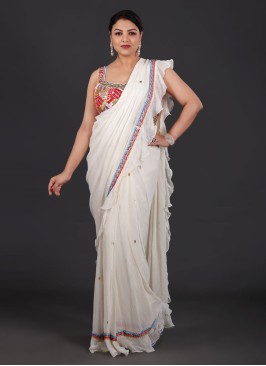 Off White Ruffle Chiffon Silk Saree with Designer Choli