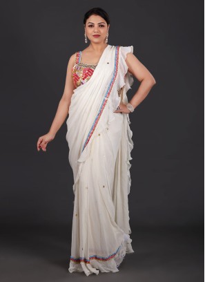 Off White Ruffle Chiffon Silk Saree with Designer Choli