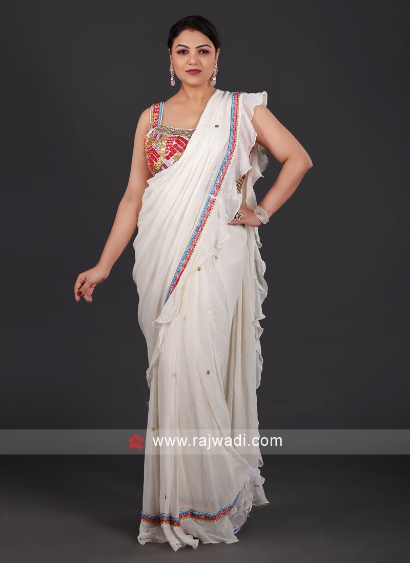 Off White Chiffon Sari - Maria B.- Indian Pakistani Designer