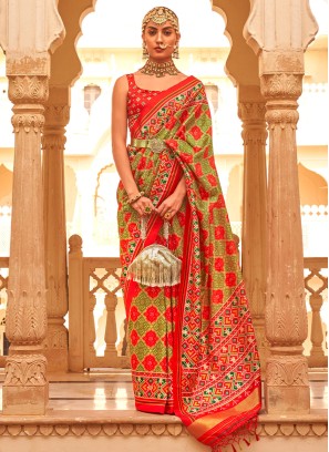 Green and Red Tussar Silk Patola Saree