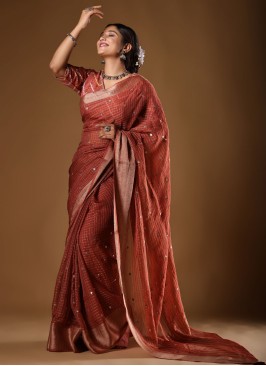 Rust Color Organza Saree For Womens